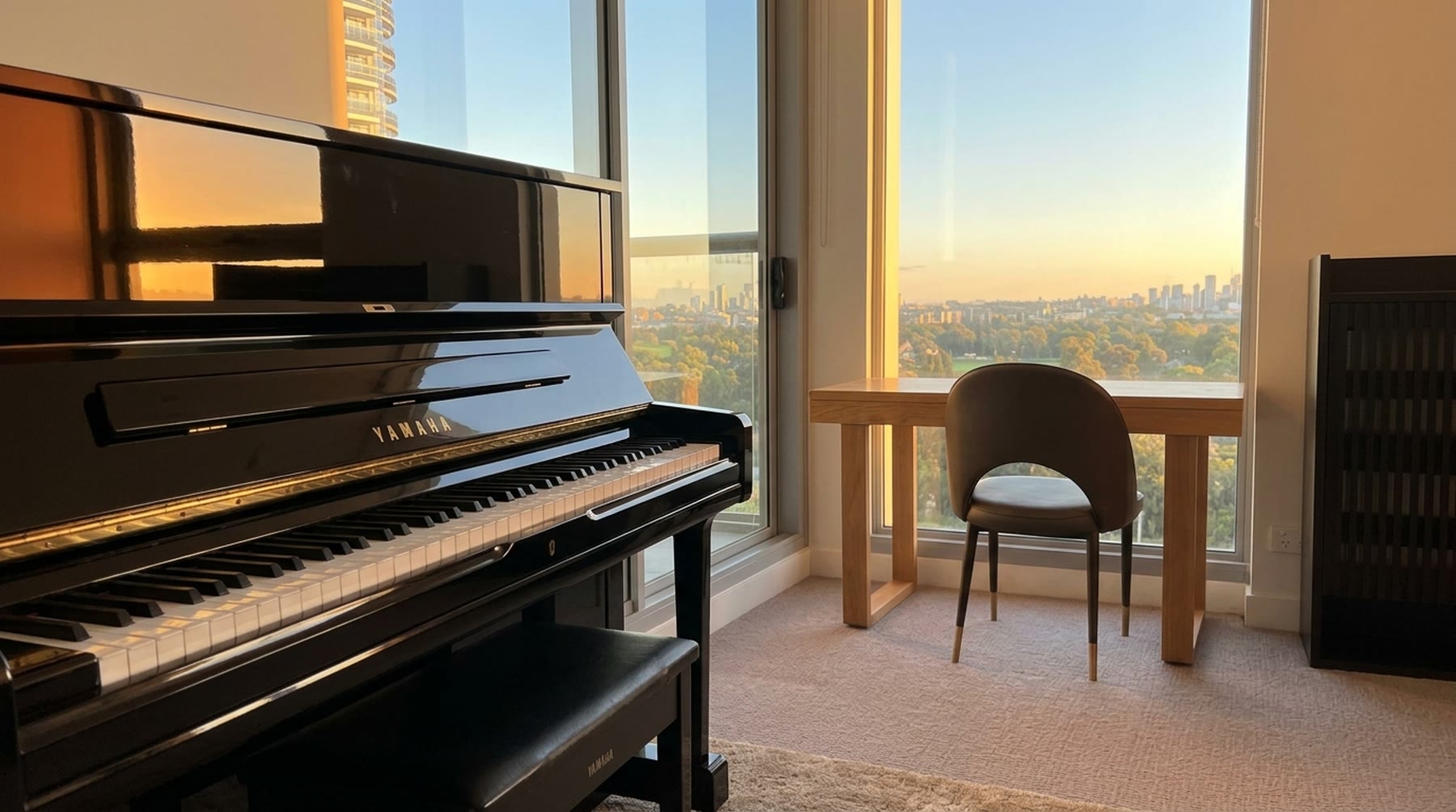The studio room in late afternoon light, the upright piano by the windows